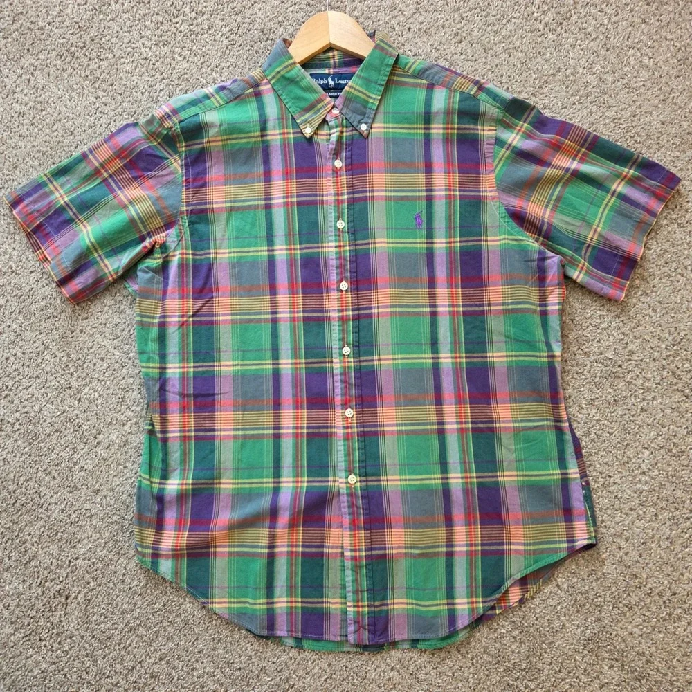 Polo Ralph Lauren Madras Plaid Short Sleeve Shirt Mens XL Green Purple Classic